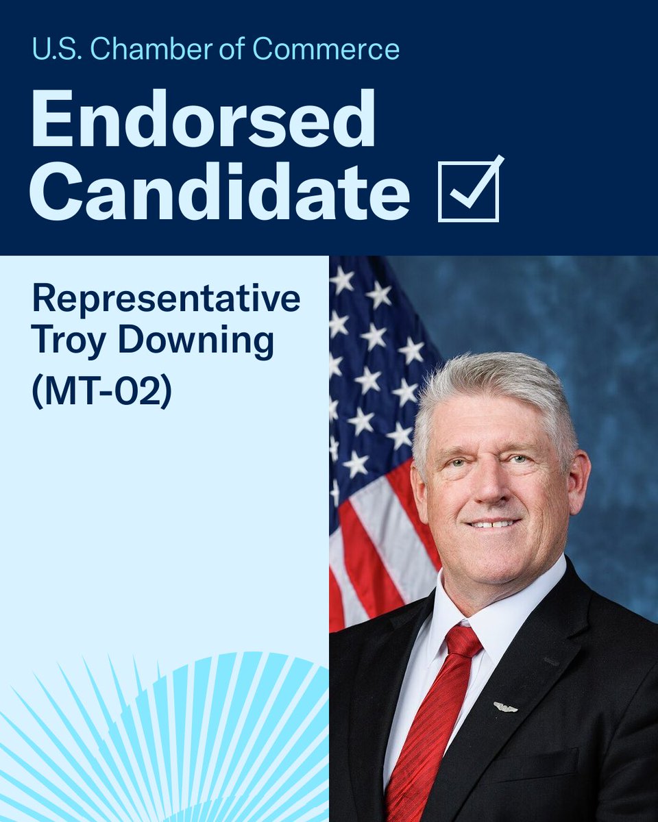 USChamberAction's tweet photo. The @uschamber is proud to endorse @TroyDowningMT in #MT02.

Read more: https://t.co/eudSPXqk2J https://t.co/CznXc8Ex1D