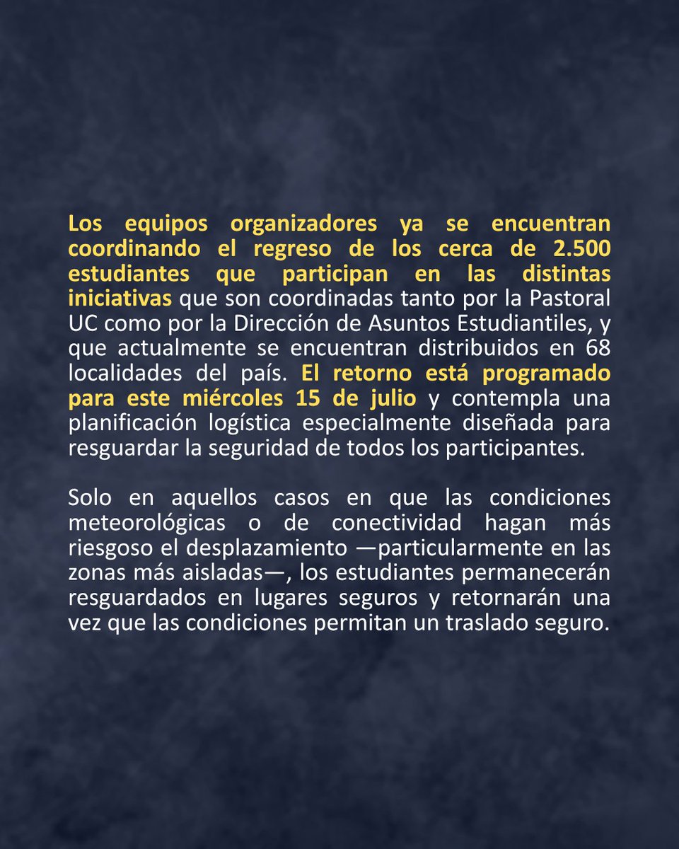 ucatolica's tweet photo. 🔵 #ComunicadoUC | La UC adelanta el retorno de los participantes de los Trabajos de Invierno ante el pronóstico de un sistema frontal de alta intensidad.

La UC agradece la comprensión de las familias y de las comunidades que han acogido generosamente a los voluntarios durante estos días.
