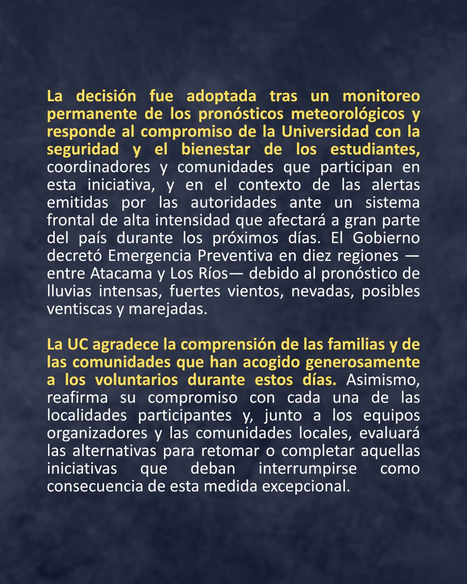 ucatolica's tweet photo. 🔵 #ComunicadoUC | La UC adelanta el retorno de los participantes de los Trabajos de Invierno ante el pronóstico de un sistema frontal de alta intensidad.

La UC agradece la comprensión de las familias y de las comunidades que han acogido generosamente a los voluntarios durante estos días.