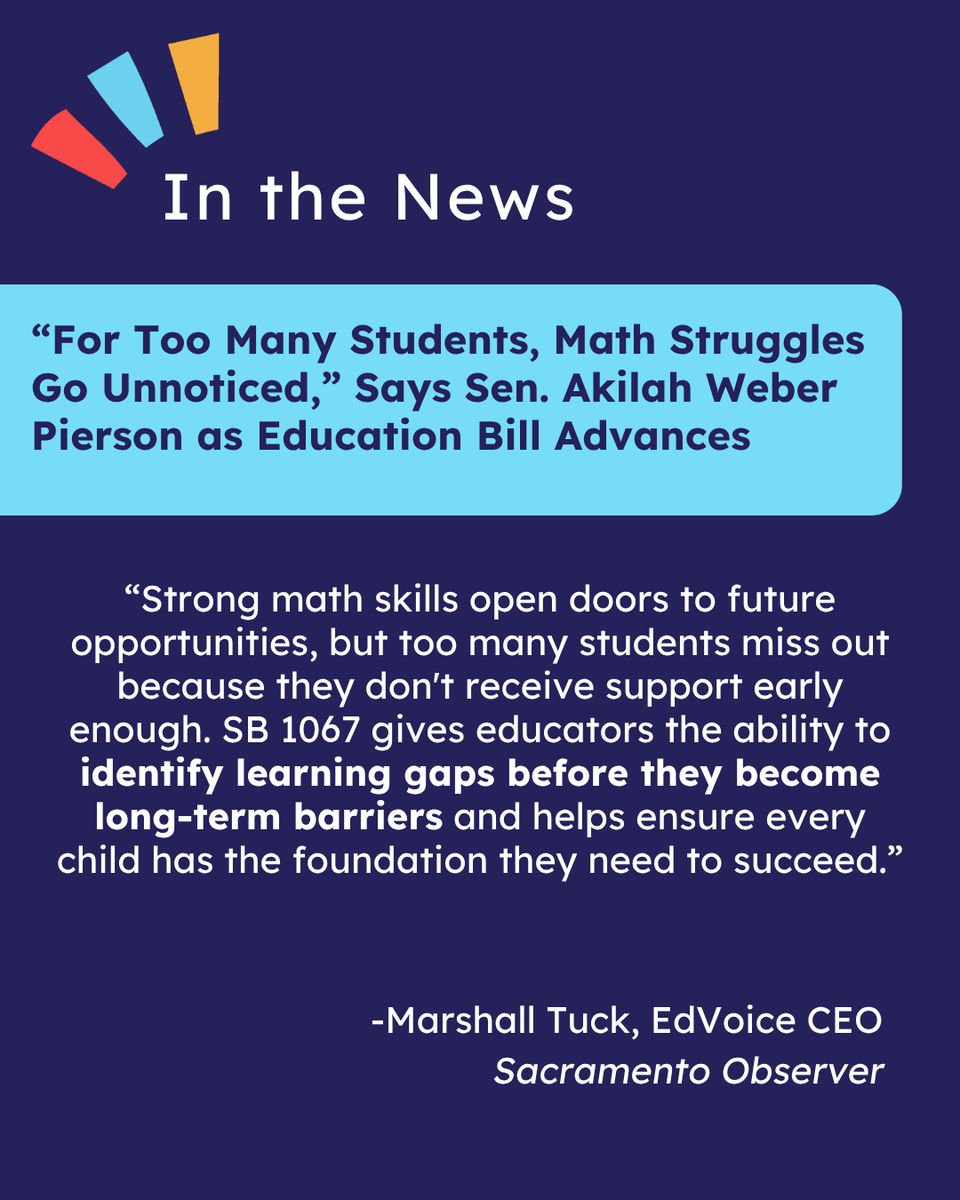 edvoice's tweet photo. More positive coverage of Senator Weber Pierson's bill, SB 1067!

Early assessment and evidence-based support is a common-sense approach to help address our state's math crisis. CA ranks 43rd in fourth-grade math proficiency.📉

California can and must do more for our students. We call on the Assembly Appropriations Committee to support this critical bill - @AsmBuffyWicks  @JoshHooverCA 

📰Full @SacObserver article: https://t.co/pAkdqTqu3n
