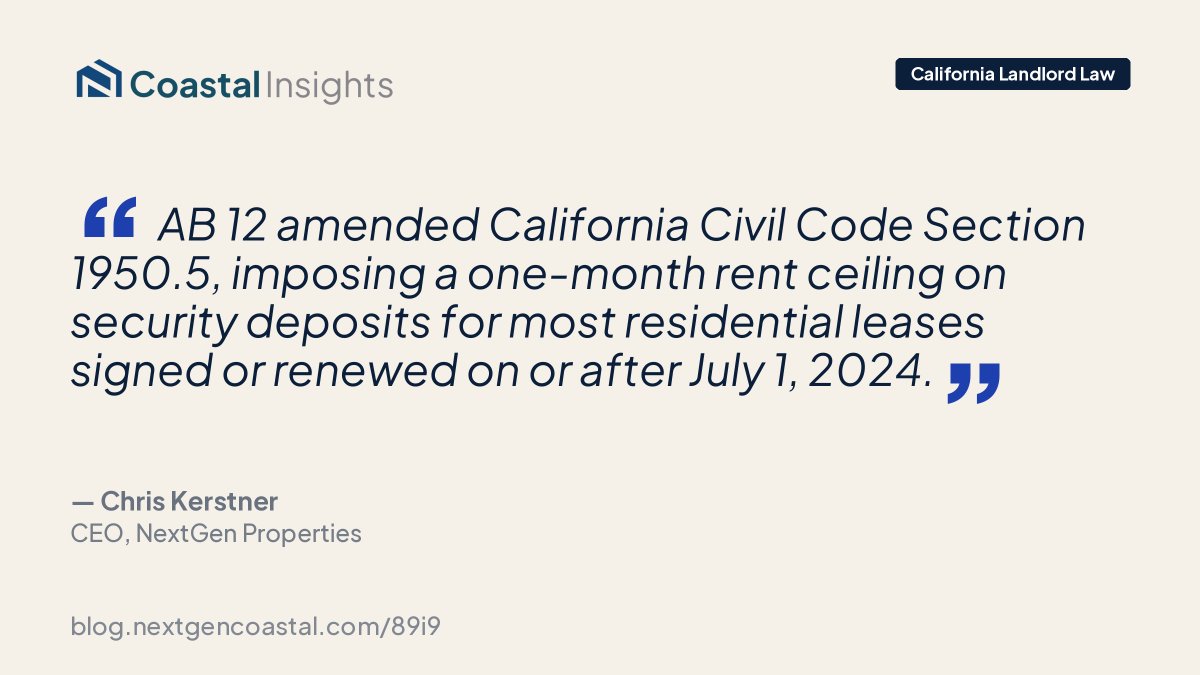 NextGenCoastal's tweet photo. 🚨 AB 12 caps CA security deposits at 1 month's rent (July 1, 2024). High-rent coastal properties face major exposure gaps. Calculate yours free: https://t.co/1iCGwiDD9V #NextGenCoastal #CaliforniaLandlord https://t.co/pyMht893Fr