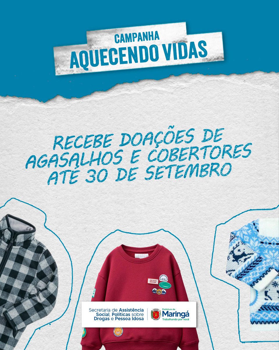 prefdemaringa's tweet photo. A campanha Aquecendo Vidas segue arrecadando roupas, agasalhos e cobertores até o dia 30 de setembro. Todas as doações serão destinadas ao Centro Pop e distribuídas pelo Serviço Especializado de Abordagem Social (Seas). 🤝❄️ https://t.co/VFhnU3PfB9