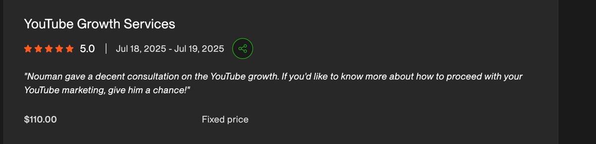 noumanmarketer's tweet photo. Ran a YouTube growth consultation for a client last month, not editing, just strategy.

Sometimes the highest-leverage thing isn't more content. It's one conversation that names the actual problem, wrong niche width, broken posting schedule, a thumbnail strategy fighting itself.

$110, one session, and the client walked away with a completely different growth plan.

Full review below. 👇