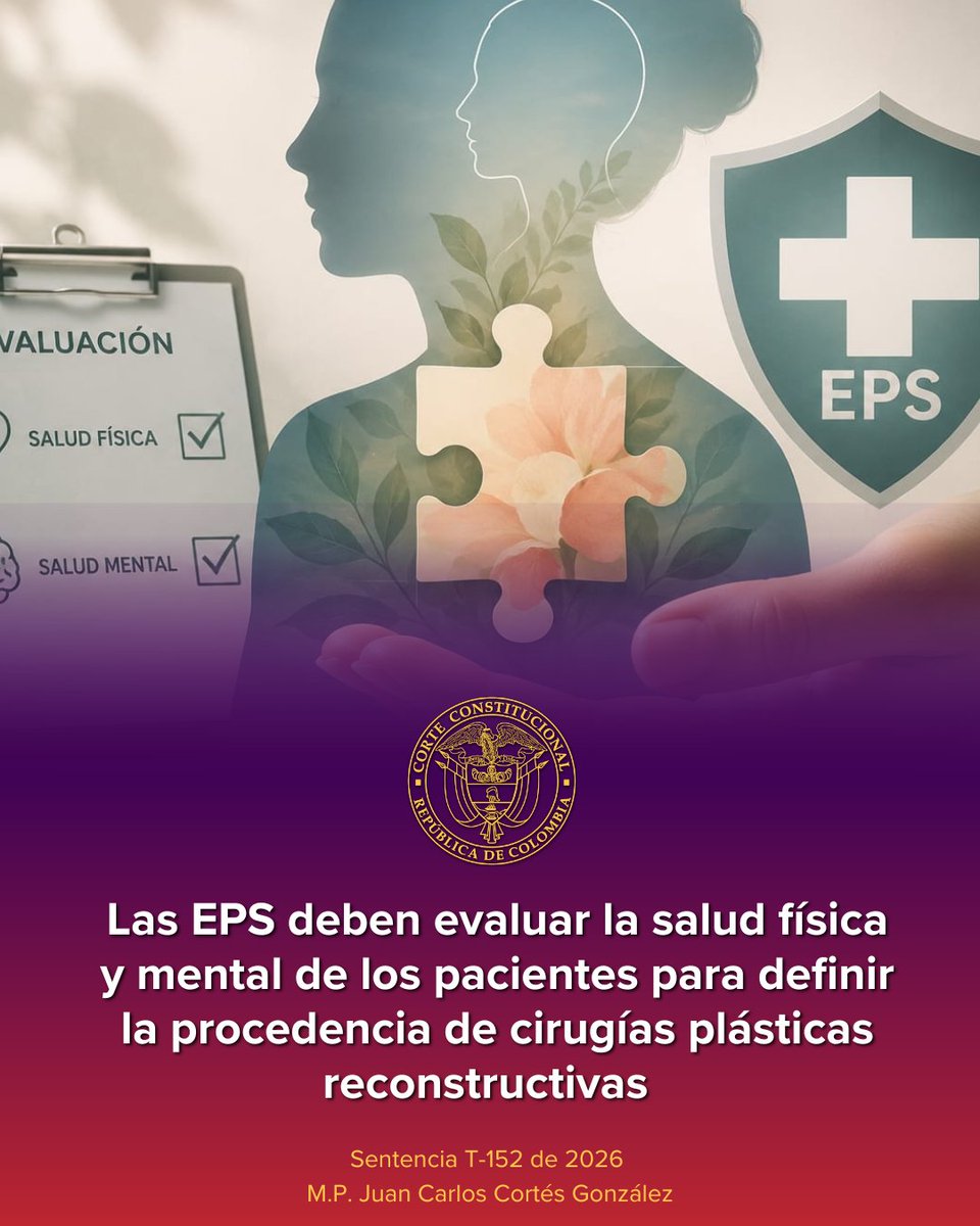 CConstitucional's tweet photo. #LaCorteInforma | Las EPS deben evaluar de forma integral la salud física y mental antes de definir si procede una cirugía plástica reconstructiva. 

T-152/26 
M.P. Juan Carlos Cortés González 
https://t.co/aOXhDG7oIN https://t.co/FXJP7nUTB0