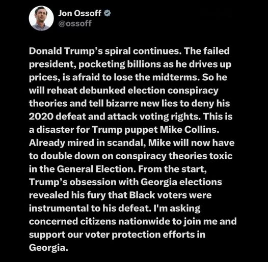 JamesTate121's tweet photo. Who else wants Jon Ossoff to write a rebuttal speech to counter Trump's lies on Thursday? https://t.co/fMPWcfeiCM