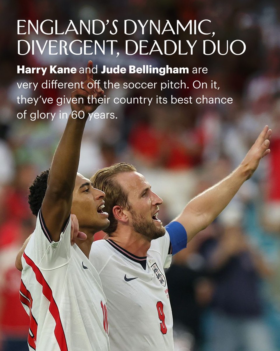 NewYorker's tweet photo. Jude Bellingham and Harry Kane are very different off the soccer pitch. Kane is nearly a decade Bellingham’s senior. He’s played golf with Donald Trump. He harbors dreams of joining the N.F.L. after he quits soccer; Bellingham suggested recently that he’d like to be a movie star. The Athletic once wrote that Kane and Bellingham “contrast in nearly every conceivable way.” But for England to emerge victorious over Argentina tomorrow, the two need to work together, Jon Allsop writes: “England needs them to stay together. Lionel Messi, and the ghosts of the past, await.” Read more about the unlikely duo giving their country its best chance of glory in 60 years: https://t.co/7SsVgGPWKB