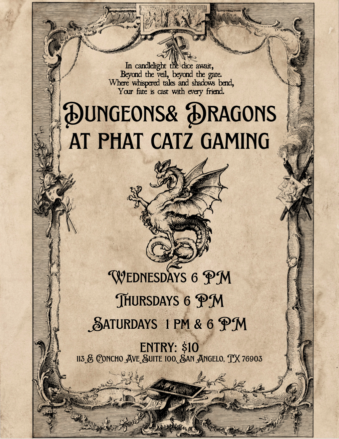 PhatCatzGaming's tweet photo. Hear ye, hear ye!
Looking to roll some dice and go on an adventure? Join us for weekly D&D at Phat Catz Gaming!
Entry is $10
New players are always welcome — just show up ready to play!
#PhatCatzGaming #DnD #DungeonsAndDragons #TabletopGaming #GameNight #LocalGameStore https://t.co/nZE2Mq4Ajz