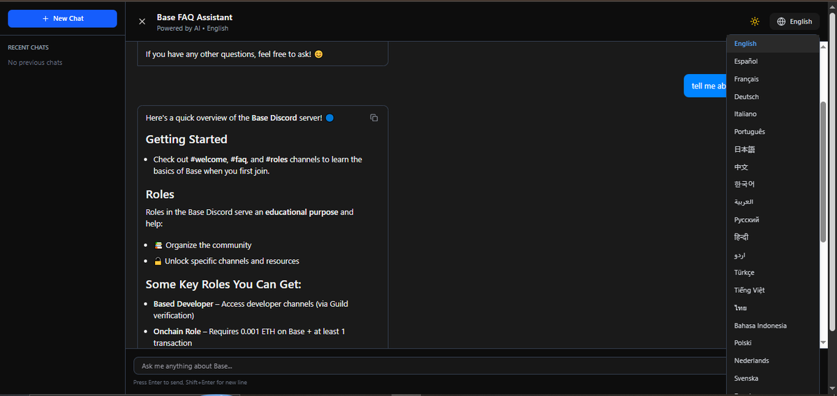 NINJA____1's tweet photo. How did I build an AI Assistant for @base FAQs through vibe coding

I asked Manus AI if a chatbot could be created with just one prompt. It said yes.

I fed it basic Base Discord FAQs, waited a bit, and boom!
Even on the trial version, I added support for multiple languages also. https://t.co/kA3u41hz4Q