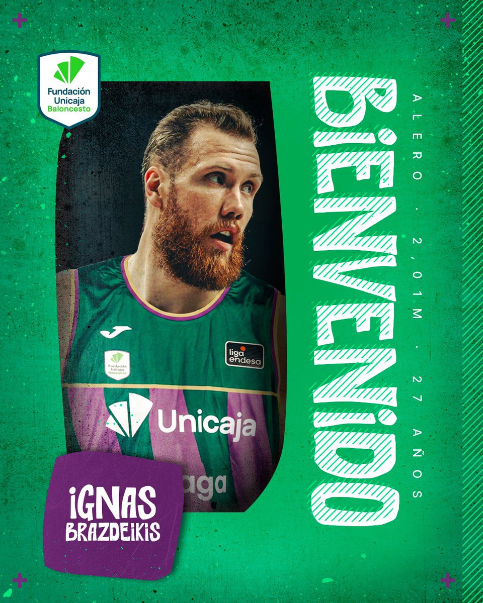 unicajaCB's tweet photo. 🚨 Ignas Brazdeikis, alto calibre para el perímetro

👋 ¡Bienvenido! Welcome, @_iggy_braz!

📰 NOTICIA https://t.co/vdeglf6a1O

💚💜 #YoSoyDelUnicaja #WelcomeIggy https://t.co/aGxJwkNRD5