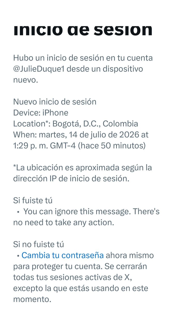 JulieDuque1's tweet photo. Atención:
Alguien ingresó a mi cuenta de X hace 55 minutos. Estaba lejos del teléfono y hasta ahora me di cuenta. No parece que hubieran hecho nada diferente a obtener ilegalmente ese acceso, cambié mis claves.
Desde hace días estaba recibiendo alertas, pero hoy lo consiguieron https://t.co/ZZzfwaK6Gy