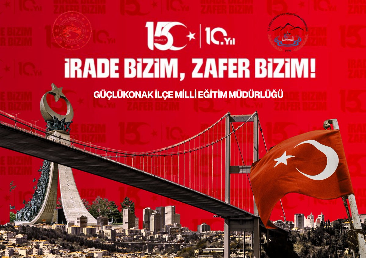 Guclukonak_mem's tweet photo. İrade Bizim, Zafer Bizim!

15 Temmuz Demokrasi ve Milli Birlik Günü’nün 10. yıl dönümünde; vatanımızın bağımsızlığı, milletimizin bölünmez bütünlüğü ve milli irademiz uğruna canlarını siper eden aziz şehitlerimizi rahmet ve minnetle anıyor, kahraman gazilerimize şükranlarımızı sunuyoruz.

Devletimizin bekası, milletimizin sarsılmaz iradesiyle her daim güvence altındadır. Güçlükonak İlçe Milli Eğitim Müdürlüğü olarak, vatan sevgisini ve milli irade ruhunu gelecek nesillere gururla aktarmaya devam edeceğiz.

#15Temmuz #MilliBirlikGünü #İradeBizimZaferBizim #GüçlükonakMEM #15TemmuzDestanı

@tcmeb @SirnakValiligi
@BirolEkici73 @sirnakmem73
@hkncrt1 @tc_guclukonak
@Semih_Memiss @byigit78