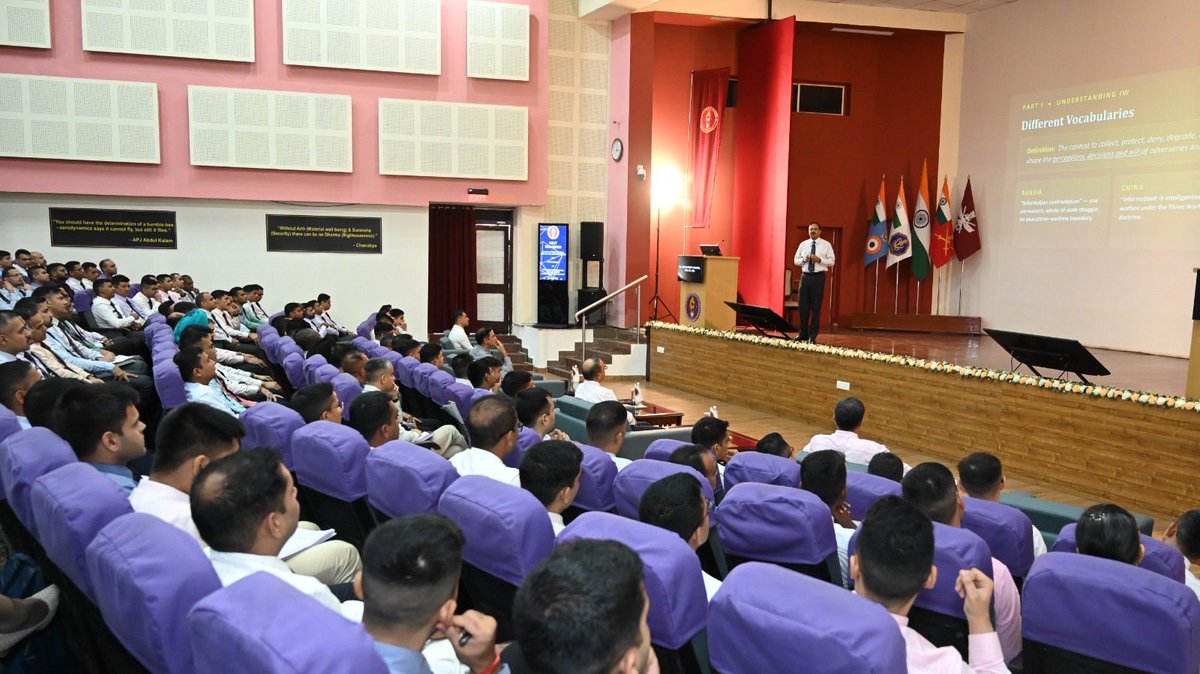 HQ_IDS_India's tweet photo. Maj Gen Sandeep S Sharda, ADG Strategic Communication @adgpi, addressed Student Officers of #DSTSC09 at #MILIT, Pune, on "Information Warfare and its Operationalisation in #MultiDomainOperations."

Drawing on lessons from contemporary international conflicts and #OperationSindoor, he highlighted information warfare as a decisive instrument of national power. The lecture underscored the importance of #strategiccommunication, perception management and cognitive dominance, reinforcing that victory is shaped not only by battlefield success but also by the ability to influence narratives and perceptions.

#InformationWarfare #ProfessionalMilitaryEducation 

@DefenceMinIndia 
@SethSanjayMP 
@SpokespersonMoD 
@MIB_India