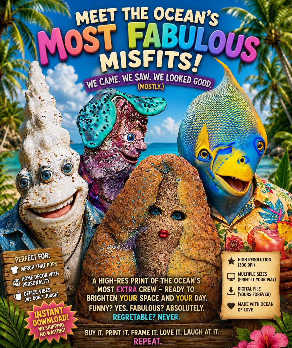 Treefrix's tweet photo. Meet the ocean's most fabulous misfits 🤪🌊🌴
#Treefrix #TreefrixArt #CreatureDesign #ArtPrint https://t.co/pw7gzr9AXv
