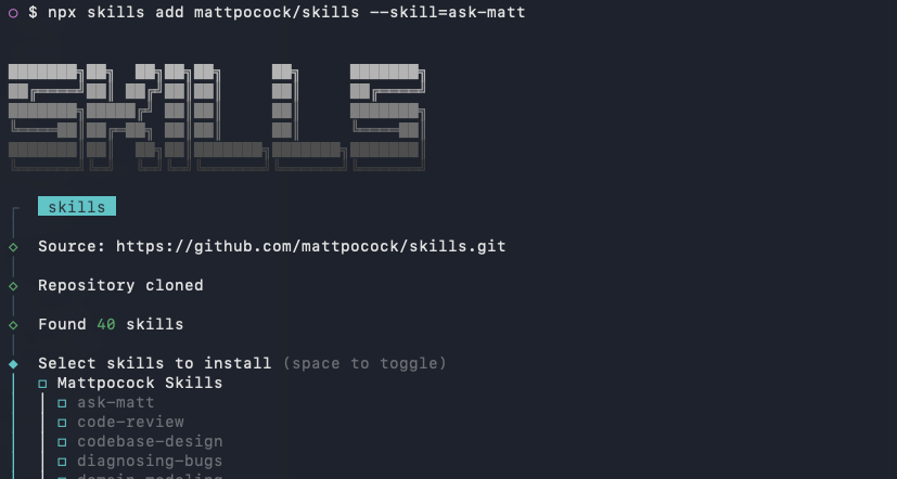edpittol's tweet photo. @mattpocockuk When I'm adding a skill from the quickstart instructions, it asks which skill I want to add instead of auto-select the specified in the command. It is happening because the command has the equals sign instead of a space in the skill parameter. https://t.co/CsOdMMHEqY