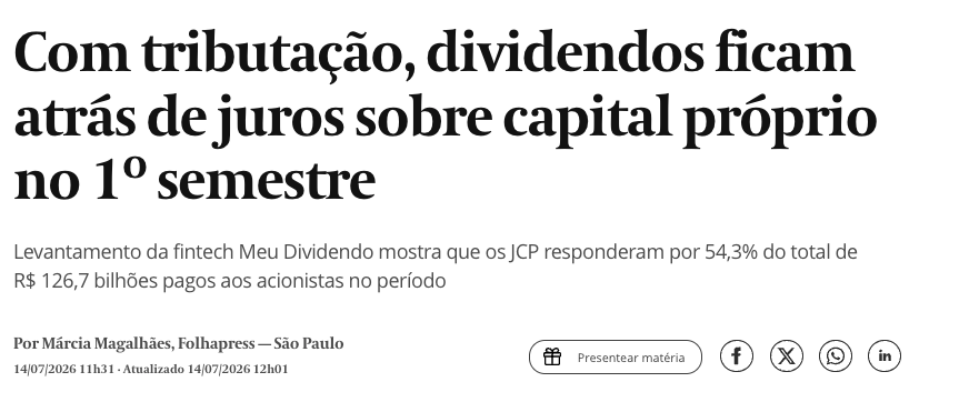 opapoeconomico's tweet photo. Pela primeira vez na história, JCP superaram dividendos no 1º semestre.

R$ 68,9 bi em JCP vs R$ 57 bi em dividendos. Antes da tributação, JCP era só 24,8% do total. Agora: 54,3%.

O que aconteceu:

Governo tributou dividendos acima de R$ 50 mil/mês em 10% de IR. Começou a valer em 2026.

As empresas fizeram o óbvio:

1. Anteciparam bilhões em dividendos no fim de 2025 — antes da lei entrar em vigor.

2. Migraram a distribuição pra JCP — que continua dedutível do IR e da CSLL.

Resultado: proventos totais caíram 28% no 1º semestre (R$ 126,7 bi vs R$ 176 bi em 2025).

O investidor recebe menos. O governo arrecada menos do que esperava. E as empresas se adaptaram em 6 meses.

Toda vez que você tributa capital, o capital se reorganiza. É previsível. É histórico. E nunca muda.