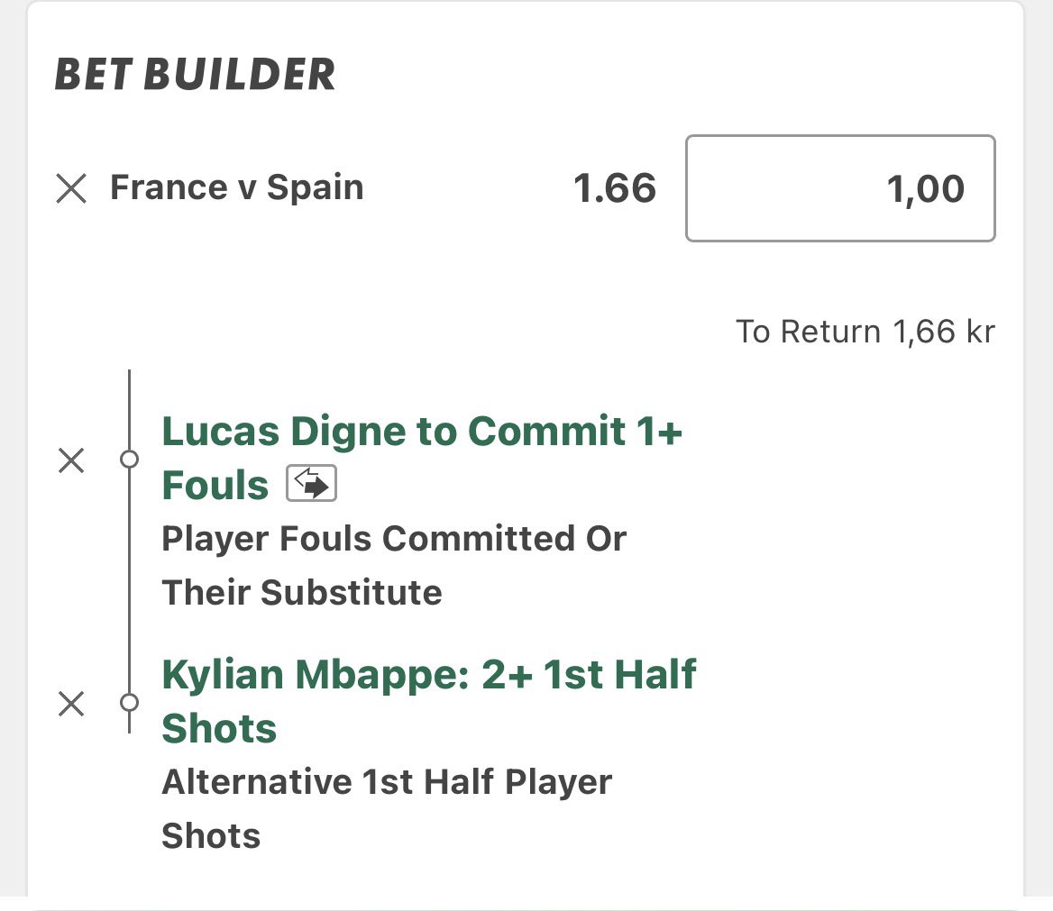 GustavosBets's tweet photo. 🇫🇷 France - Spain 🇪🇸 

Bet Builder @ 1.66 (1u). https://t.co/E7gqEnyfgd