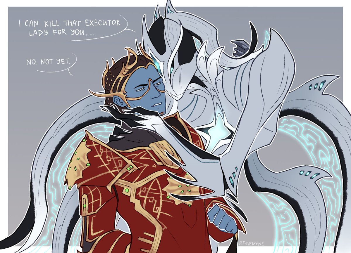 Remedyne's tweet photo. I wanted to make a few more drawings for myself before moving on from the sentient drifter topic. This time I made it in a form of AU that takes place before Roathe was turned into a protoframe.
A bond between an orokin and a sentient? What a beautiful disaster https://t.co/sQ0Q9rCT3t