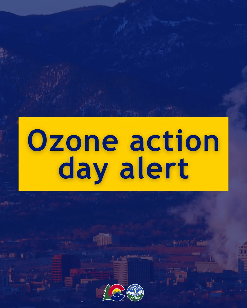 Denver skyline with Mountains in the background. Text on image reads, "Ozone Action day alert." CDPHE logo at the bottom.