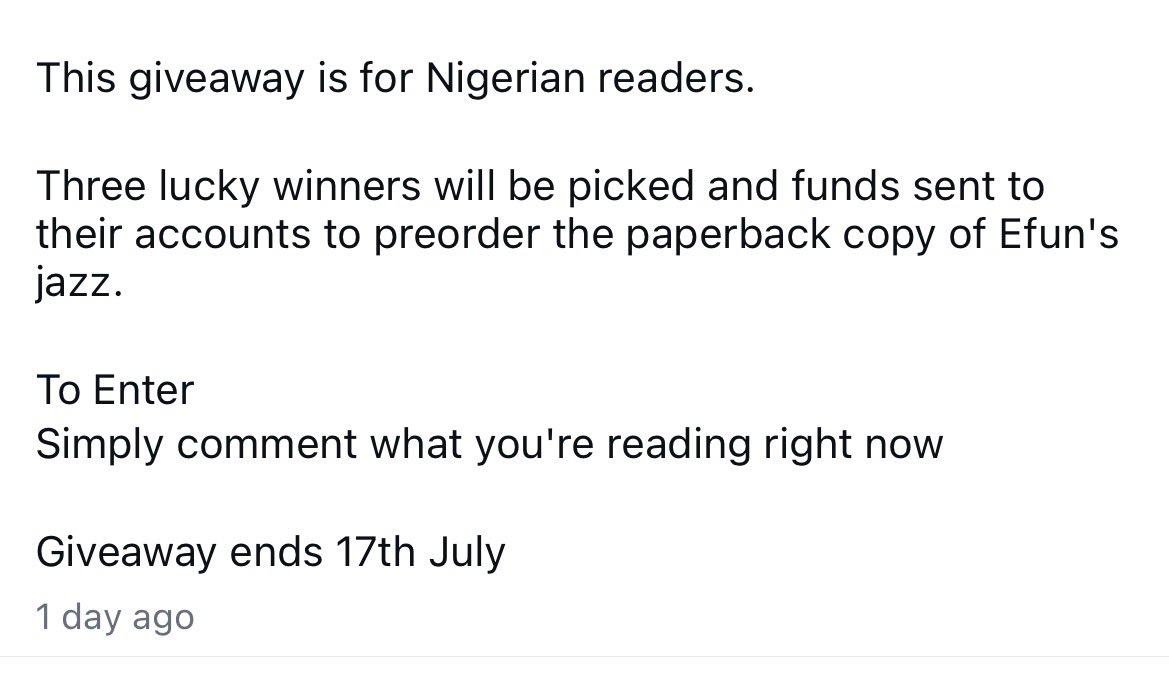 TomilolaCoco's tweet photo. ICYMI: Author Erhu Kome is doing a giveaway for Efun’s Jazz preorder on IG. It ends in three days. Check it out https://t.co/aOU60JH2AD
