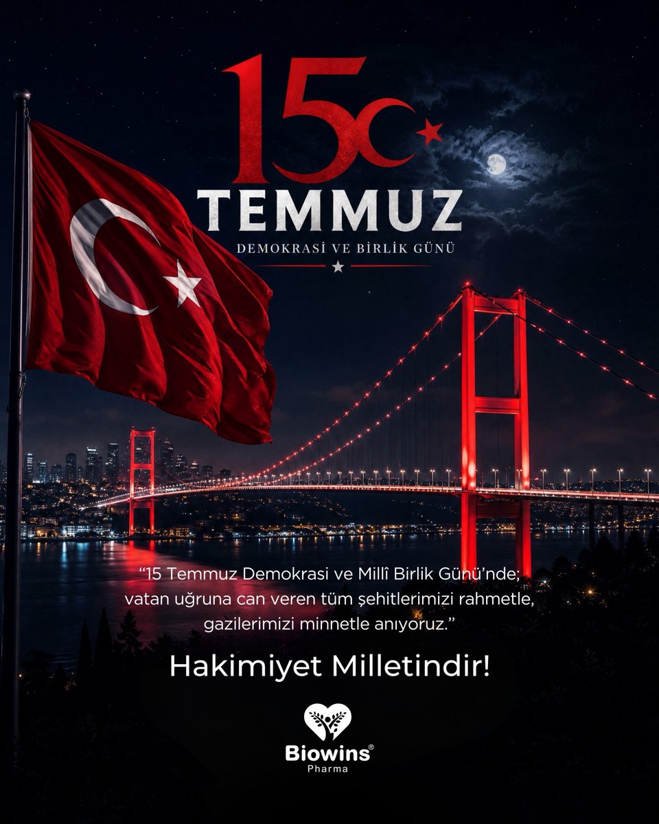 BiowinsPharma's tweet photo. 15 Temmuz’da demokrasiye ve bağımsızlığa sahip çıkan kahraman milletimizi saygıyla selamlıyor, vatan uğruna can veren tüm şehitlerimizi rahmetle anıyoruz. 🇹🇷 #15Temmuz #DemokrasiveMilliBirlikGünü https://t.co/dYPAoOh6u7