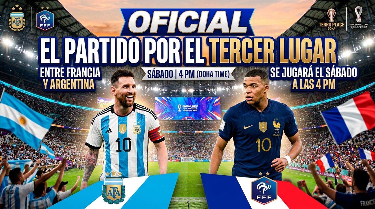 elgerx0's tweet photo. OFICIAL ⚡️
EL PARTIDO POR EL TERCER LUGAR ENTRE FRANCIA Y ARGENTINA SE JUGARÁ EL SÁBADO A LAS 4 PM
🇫🇷X🇦🇷 https://t.co/wEMj0mvkwl