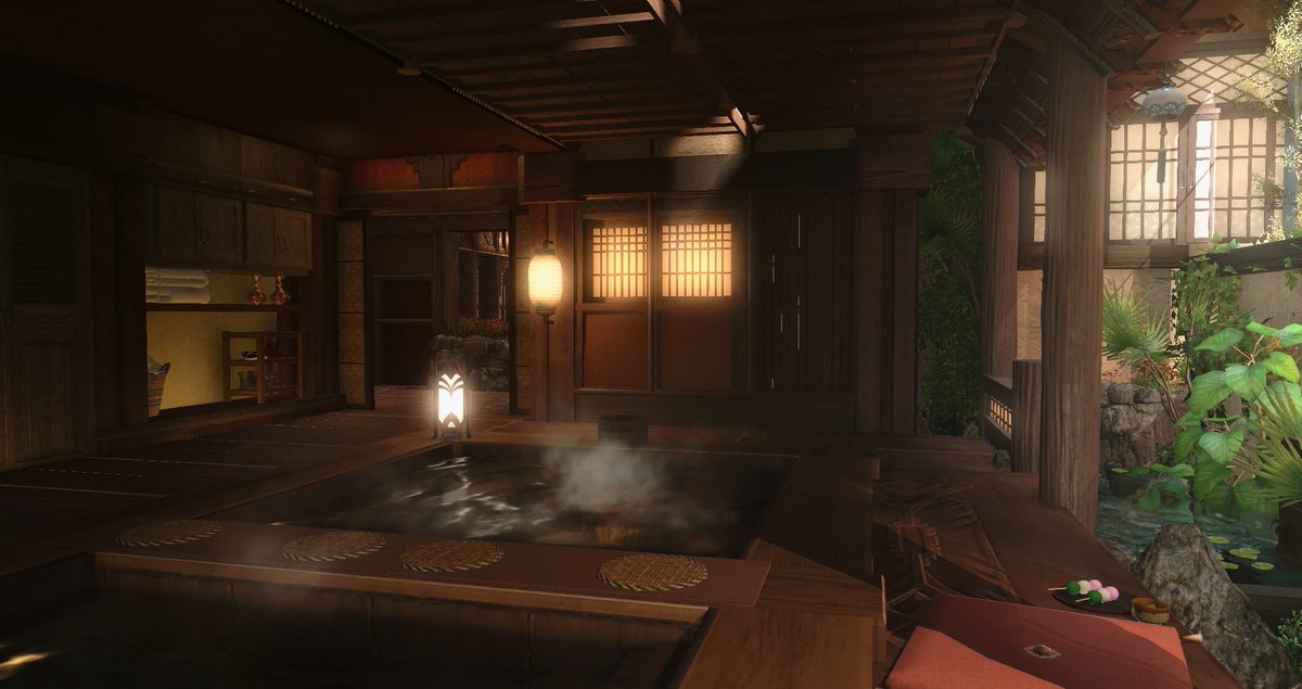 FeelioArt's tweet photo. With the slot increase we extended the Good Morning fc with a bathhouse area completely with showers and a little shrine by the stream. 🚿🌊🫧  There is also a spot to doze and eat snackies! ☺️

#ffxiv #ff14housing #ffxivhousing #HousingEden #hgxiv #FF14ハウジング https://t.co/4YBX75Gxvl