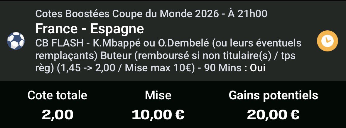 myckbet's tweet photo. 🇫🇷 France - Espagne 🇪🇸

Comme d’habitude avec l’équipe de France, on se casse pas la tête on prend les boostées pour être à peu prés sur d’être rentable 

Au moins un but du trio 🇫🇷@ 2.20 [B]
Au moins un but du trio 🇫🇷@ 2.00 [W]
Mbappé ou Dembele buteur @ 2.00 [U]

Bonus : 
Olise décisif  et la France se qualifie @ 4.30 [B354]
Mbappé buteur et la France se qualifie @ 2.90 [W]

Mise totale : 60€

❤️ Si tu suis