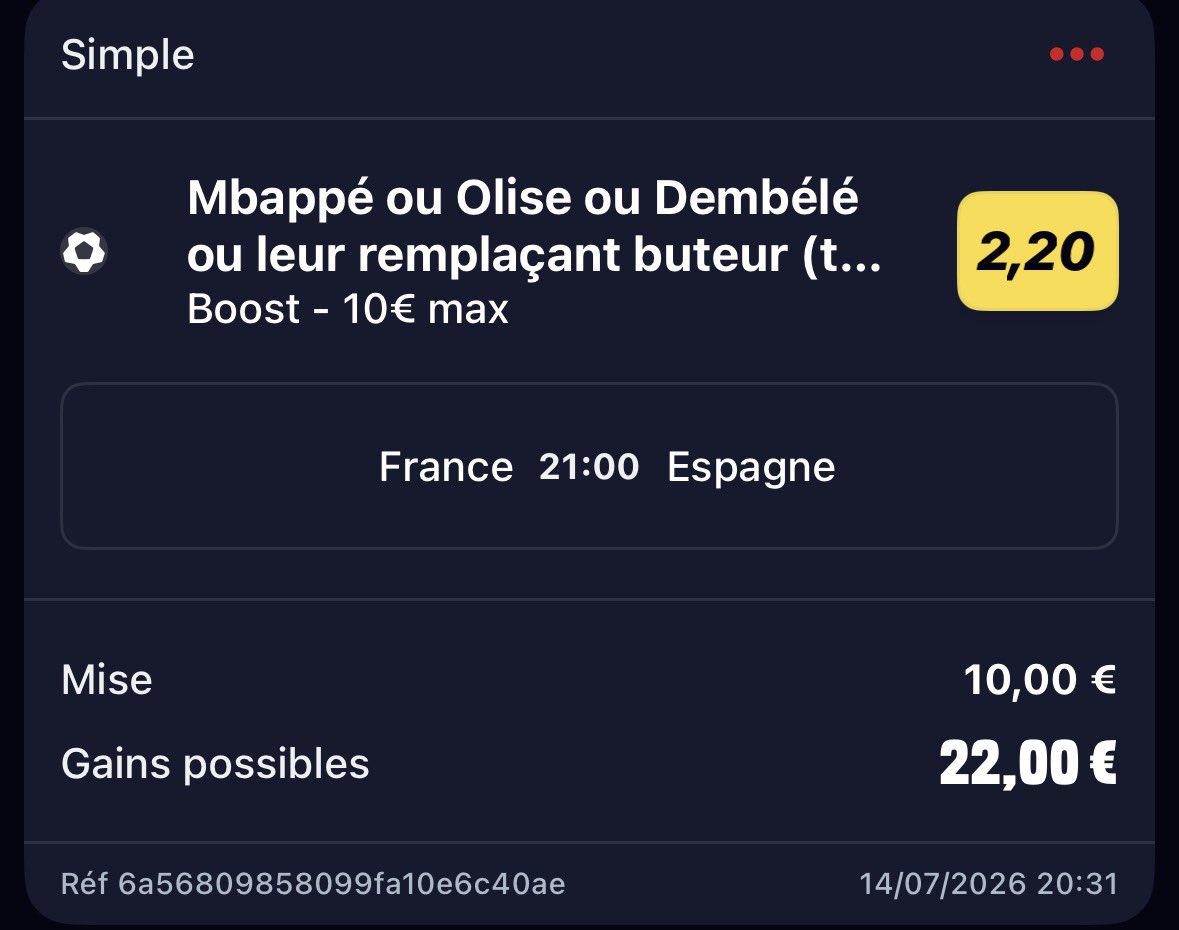 myckbet's tweet photo. 🇫🇷 France - Espagne 🇪🇸

Comme d’habitude avec l’équipe de France, on se casse pas la tête on prend les boostées pour être à peu prés sur d’être rentable 

Au moins un but du trio 🇫🇷@ 2.20 [B]
Au moins un but du trio 🇫🇷@ 2.00 [W]
Mbappé ou Dembele buteur @ 2.00 [U]

Bonus : 
Olise décisif  et la France se qualifie @ 4.30 [B354]
Mbappé buteur et la France se qualifie @ 2.90 [W]

Mise totale : 60€

❤️ Si tu suis