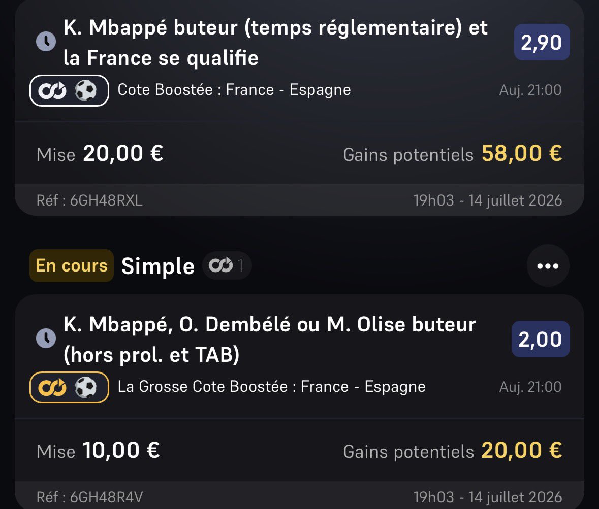 myckbet's tweet photo. 🇫🇷 France - Espagne 🇪🇸

Comme d’habitude avec l’équipe de France, on se casse pas la tête on prend les boostées pour être à peu prés sur d’être rentable 

Au moins un but du trio 🇫🇷@ 2.20 [B]
Au moins un but du trio 🇫🇷@ 2.00 [W]
Mbappé ou Dembele buteur @ 2.00 [U]

Bonus : 
Olise décisif  et la France se qualifie @ 4.30 [B354]
Mbappé buteur et la France se qualifie @ 2.90 [W]

Mise totale : 60€

❤️ Si tu suis