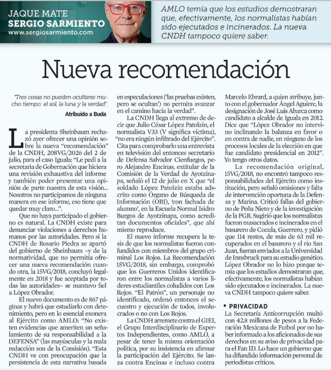 M451054R3's tweet photo. Sergio Sarmiento.- 2026.07.14.- «Nueva recomendación»; ''Reforma'':