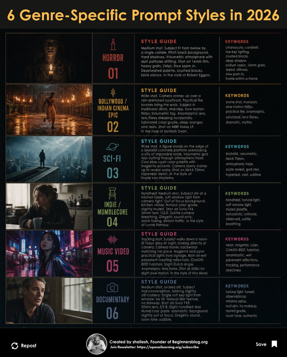 beginnersblog1's tweet photo. 6 Genre-specific Prompt Styles in 2026

— Horror: Candlelit, low-key lighting, 16mm grain, slow push-in, crushed blacks. In the style of Robert Eggers.

— Sci-fi: Brutalist scale, volumetric god rays, IMAX 70mm, cool cyan/magenta grade. In the style of Hoyte van Hoytema.

— Music Video: Neon alley, CineStill 800T halation, anamorphic flares, tracking shot. In the style of Hiro Murai.

— Indie: Handheld, natural window light, muted palette, diegetic sound only. In the style of Lynne Ramsay.

— Documentary: Locked off, single soft key light, no fill, naturalistic grade, room tone.

The lighting, lens, and film stock references aren't decoration. They're the actual keys the model reads to unlock a genre's visual DNA.

Master the vocabulary, control the aesthetic.
.
.
.