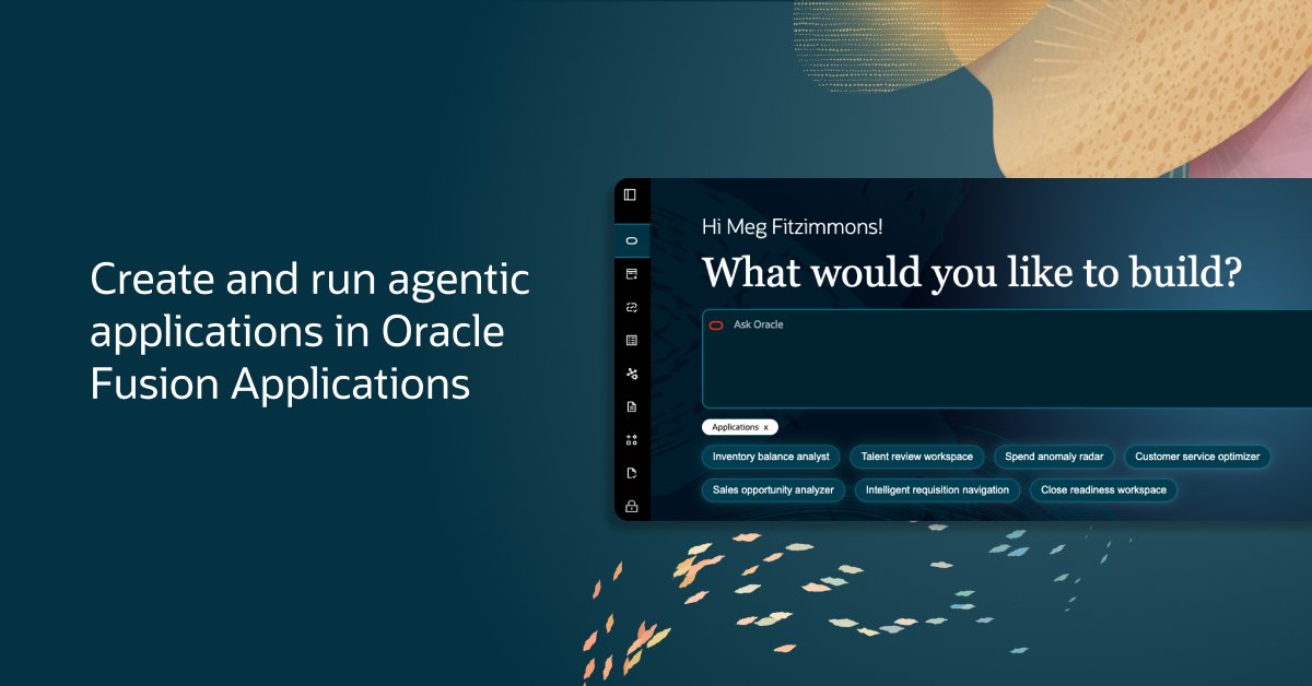 Oracle's tweet photo. Learn how anyone within your business can become a builder and create agentic applications with the new AI-native builder experience for Oracle AI Agent Studio for Fusion Applications: https://t.co/Y6G2rRQuEm https://t.co/gqQH6nxRrb