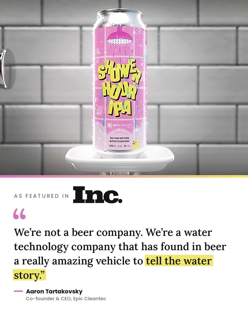 EpicCleantec's tweet photo. 🍻 Our goal was never just to make beer. It was to change perceptions around water reuse.

Our recycled water beers, Shower Hour IPA and Laundry Club Kölsch, were created to demonstrate something simple: water should be judged by its quality, not by its history.

The results have exceeded our expectations. Since launching last fall, we've sold more than 23,000 cans, expanded into more than 100 retail locations, and even outsold some of the world's biggest beer brands at major events.

It's proof that when people experience recycled water firsthand, perceptions can change.

A big thank you to @Inc Magazine for telling the story of how one small beer is helping build confidence in a much bigger idea.

🔗 Read the full story: https://t.co/xarpgX7l3a