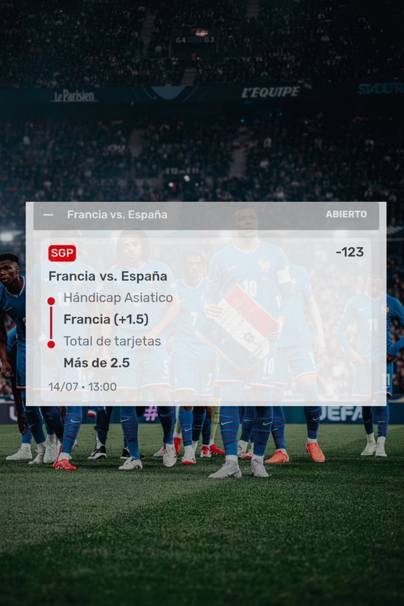 SMPicks777's tweet photo. 🚨 | PICK DEL MUNDIAL 2026 | 🚨 

🇫🇷| Francia vs España |🇪🇸

Pick: Francia +1.5 HA + Over 2.5 tarjetas

Probabilidad Nuestra: 76%
Probabilidad del Mercado: 55%
EDGE: 22 pts (Aprox)

Cuota: -123
Stake: 5U

En sus ultimos 3 partidos en instancias importantes. Promedian 26 Faltas en total por cada partido y 4.6 Tarjetas, se juegan mucho y no van a regalar nada. Aparte el arbitro que hoy piatará promedia 4.76 Tarjetas por partido.

#España #Francia #mundialdefútbol2026 #Mbappe #Yamal