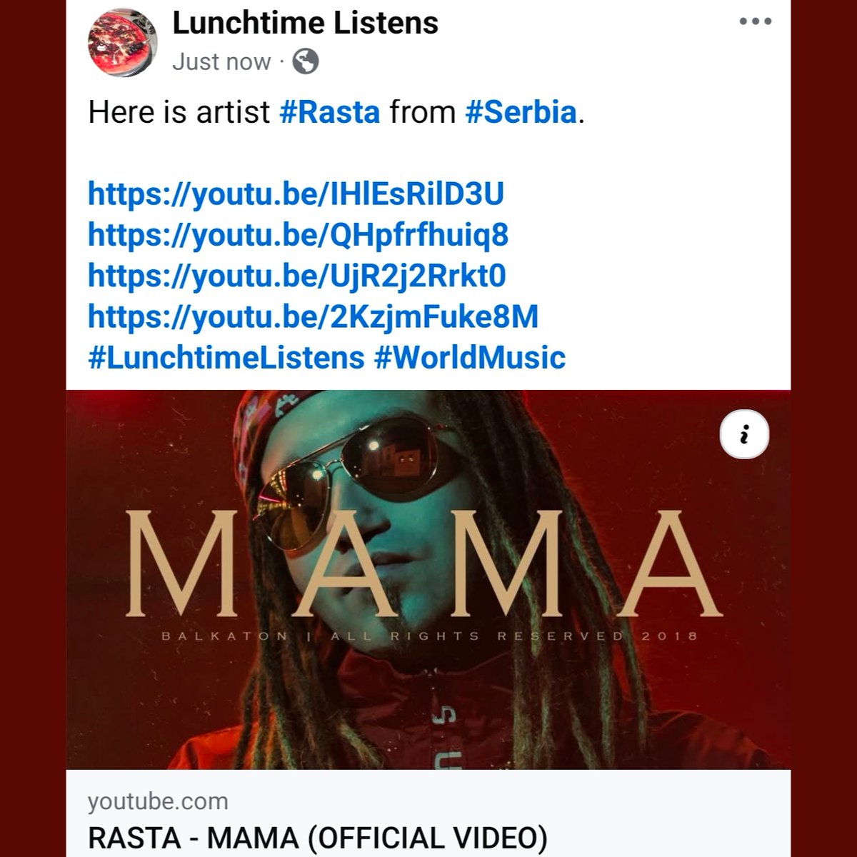 LiamOMaraIV's tweet photo. Here is artist #Rasta from #Serbia.
https://t.co/Jw3j76GoFu
https://t.co/fWIGqA3rR8
https://t.co/DZ0oTCgp1P
https://t.co/fYvWbxDpo8
#LunchtimeListens #WorldMusic https://t.co/A2zW4qfH00