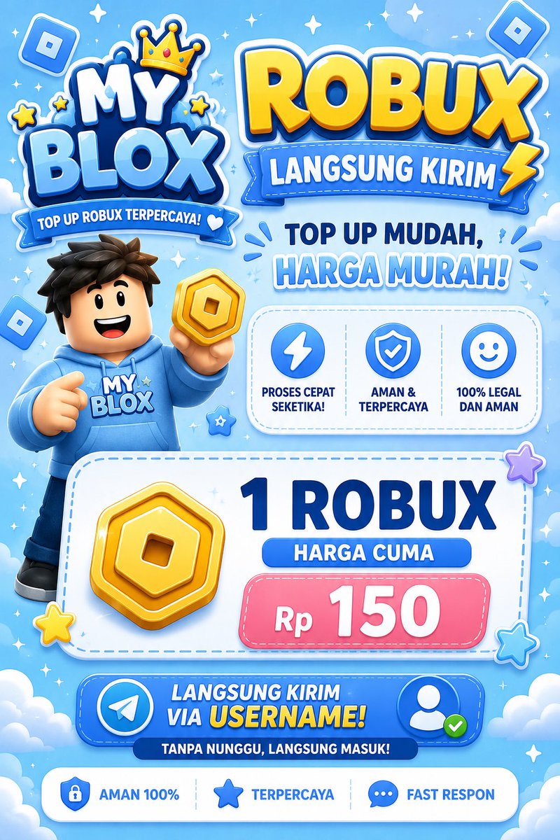 Mybloxstore's tweet photo. 🚀 ROBUX MURAH READY!
💸 Rp150/Robux
⚡ Langsung kirim
👤 Via Username
⏳ Tanpa nunggu waktu lama
💙 Aman • Amanah • Terpercaya
📩 DM sekarang, proses cepat!
#Roblox #RobuxIndonesia #RobuxMurah #MyBlox #TopUpRobux #FYP #Gaming https://t.co/qPG2erhABk