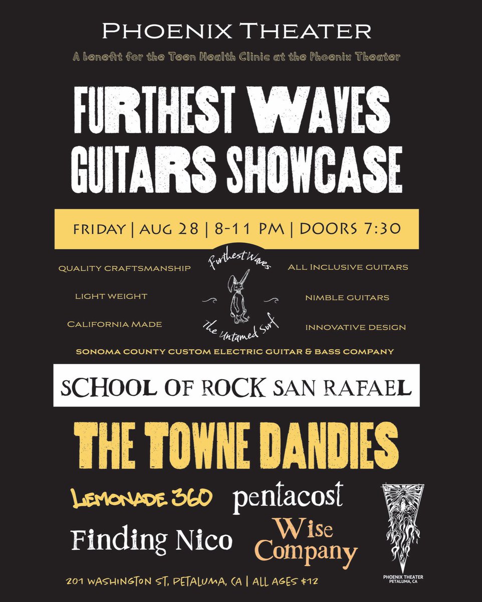 phoenixtheater's tweet photo. Furthest Waves Guitars Showcase: a benefit for the Teen Health Clinic at the Phoenix Theater featuring School of Rock San Rafael, The Towne Dandies, Lemonade 360, Pentacost, Finding Nico and Wise Company on Friday 8/28/26! Tickets on sale now. https://t.co/uVs6mRcnfB