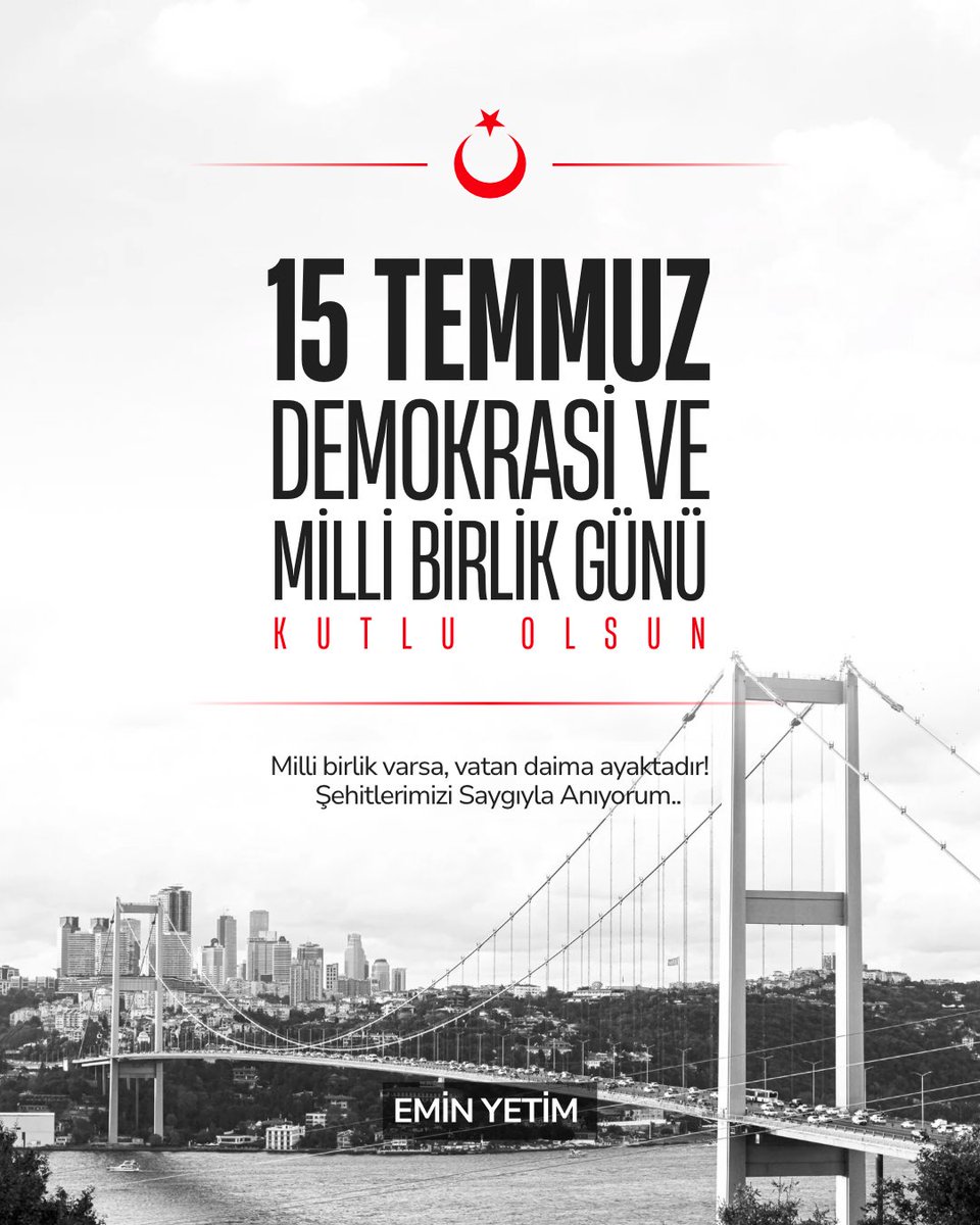 emin_yetim's tweet photo. 15 Temmuz, milletimizin iradesine, bağımsızlığına ve demokrasisine sahip çıktığı, tarihe altın harflerle yazılmış bir destandır.

O karanlık gecede canlarını vatan uğruna feda eden aziz şehitlerimizi rahmet ve minnetle, kahraman gazilerimizi şükranla anıyorum.

Bu millet, dün olduğu gibi bugün de devletine, bayrağına ve ezanına sahip çıkmaya devam edecektir.

15 Temmuz Demokrasi ve Millî Birlik Günü kutlu olsun.
Ruhları şad, mekânları cennet olsun. 🇹🇷