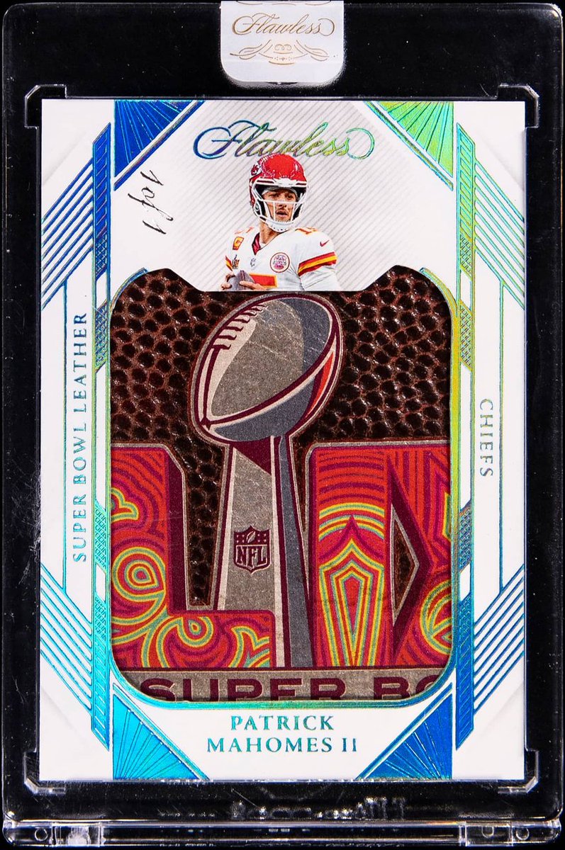 CardsBoulevard's tweet photo. This card has a piece of a game-used football from the Super Bowl 😮

The 2024 Panini Flawless Super Bowl Swatches Platinum 1/1 Patrick Mahomes II sold for $36,600. https://t.co/NY05fLyqyI