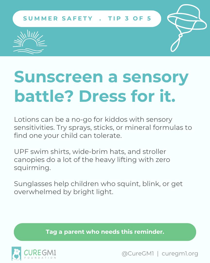curegm1's tweet photo. Sunscreen a sensory battle? Opt for UPF swim shirts, hats, &amp; stroller canopies – they do the heavy lifting with zero squirming! Sunglasses help children sensitive to bright light. #CureGM1 #GM1 #SunSafety #SensoryFriendly #SpecialNeedsParenting #RareDisea… https://t.co/NitNeEdJgr