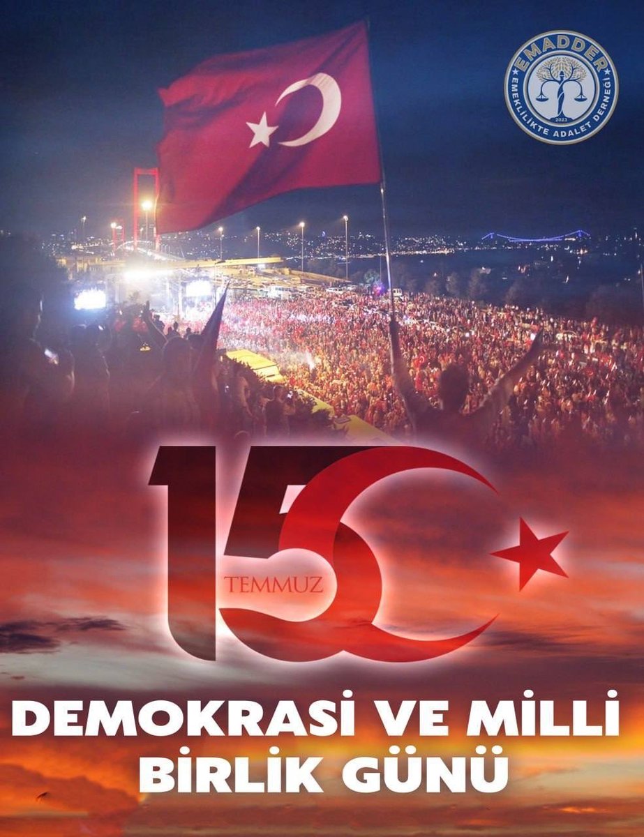 EmadDernegi's tweet photo. 🇹🇷 15 Temmuz Demokrasi ve Millî Birlik Günü

15 Temmuz; milletimizin demokrasiye, bağımsızlığına ve millî iradesine sahip çıktığı unutulmaz bir destandır.

Aziz şehitlerimizi rahmet ve minnetle anıyor, kahraman gazilerimize şükranlarımızı sunuyoruz.

Emeklilikte Adalet Derneği olarak, birlik ve beraberliğimizin daim olmasını diliyor, 15 Temmuz Demokrasi ve Millî Birlik Günü’nü saygıyla anıyoruz. 🇹🇷

Emeklilikte Adalet Derneği Yönetim Kurulu 

@EmadDernegi