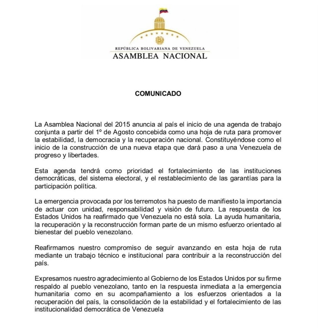 Andresevd's tweet photo. 🚨 MAJOR BREAKING NEWS 🚨 

The opposition-led 2015 congress and the Interim authorities congress have published a joint statement for a reinstitution process in Venezuela. 

The first measure will be appointing a new CNE (electoral council)

Marco Rubio just RT the post, meaning that the phase 3 of his plan just started.