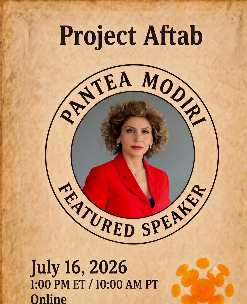 1AftabOfficial's tweet photo. From fleeing Iran as a child to broadcasting to millions—meet Pantea Modiri, a featured speaker at Project Aftab’s upcoming launch. 🎙️✨

For over 15 years, as an international journalist, filmmaker, and host on BBC World, Manoto TV, and Iran International, Pantea has amplified the voices of those silenced by censorship. Having experienced exile firsthand, her life’s work has been dedicated to a singular goal: using storytelling to build bridges across deep political divides.

Now, she brings her powerful vision of peace and cross-cultural dialogue to Project Aftab.

Join Pantea and our panel of experts on July 16 to hear how we are turning hope into action and delivering secure, transparent support directly to families in Iran.

🗓️ Date: July 16, 2026
🕐 Time: 1:00 PM ET
🌐 Platform: Online (English)

👉 Register now. The link to join is in the first comment below.

#ProjectAftab #SharedHumanity #Iran #HumanitarianInnovation #PanteaModiri #CivicTech