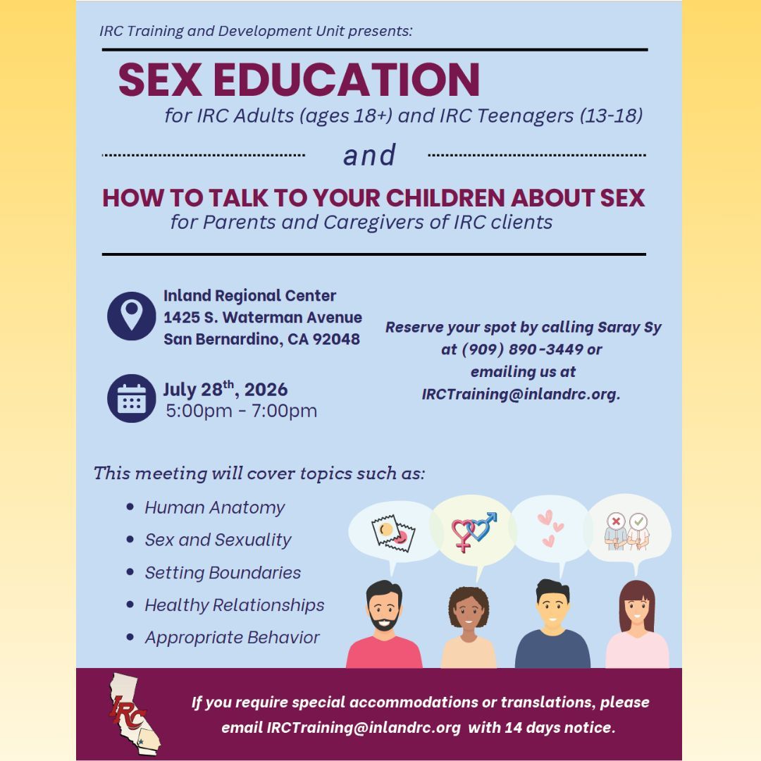 EarlyStartFRN's tweet photo. The IRC Training &amp; Development Unit presents Sex Education for Adults and Teens, along with “How to Talk to Your Children About Sex” for caregivers of IRC clients. 

📍 1425 S. Waterman Ave., San Bernardino
📅 July 28th 
⏰ 5 PM – 7 PM
📧 Email IRCTraining@inlandrc.org https://t.co/I5zDsCeGJA