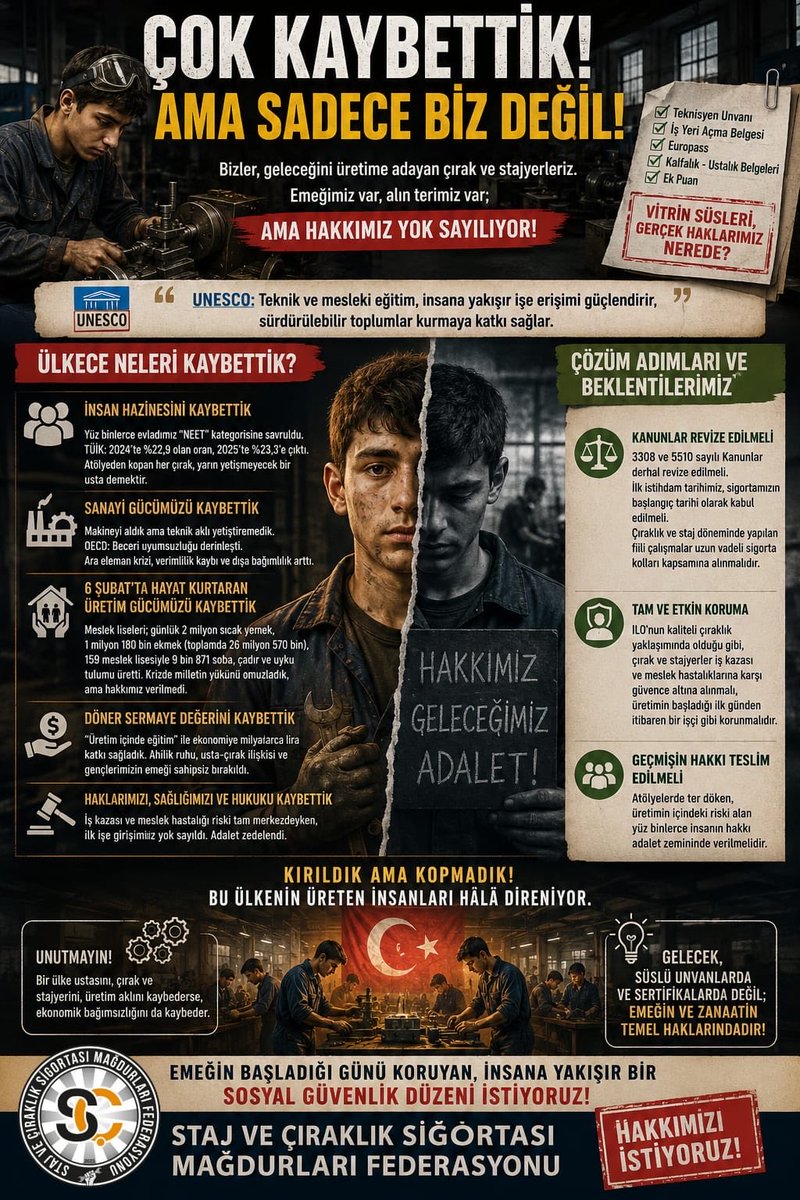 CirakStajFED's tweet photo. Kazamadık! Çok Kaybettik! @tcmeb_mtegm Ama Sadece Biz Değil!
@Yusuf__Tekin 
@tcmeb 
@isikhanvedat 
@csgbakanligi 
@memetsimsek 
@HMBakanligi 
@abakingurlek 
@iletisim 
@RTErdogan 
@dbdevletbahceli 
@TBMMresmi
@TBMMGenelKurulu
@TUSIAD
@MUSIAD
@iloankara
@TOBBiletisim
@Tisk_kurumsal
@hakiskonf
@turkiskonf
@ilo
@ATOkurumsal
@ASOKurumsal
@EUDelegationTur
@B_Palandoken
@NumanKurtulmus
@mehmetucum
@oktay_saral
@Akparti 
@AKGMTeskilat 
@MHP_Bilgi 
@CHPBilgi_ 
@SaadetPartisi 
@iyiparti 
@GelecekPartiTR 
@devapartisi 
@DSPGenelMerkez
@bbpgenelmerkez 
@rprefahpartisi 
@DEMGenelMerkezi 
@tipgenelmerkez 
@emekpartisi 

Sayın Millî Eğitim Bakanlığı Mesleki ve Teknik Eğitim Genel Müdürlüğü (MTEGM) Yetkilileri,

"Geleceğini belirleyecek tercih, yalnızca hangi okula gideceğini değil; hangi imkânlara sahip olacağını da belirler" diyorsunuz. Teknisyen unvanı, İş Yeri Açma Belgesi, Europass, kalfalık-ustalık belgeleri ve ek puan gibi vitrin süsleriyle o gencecik çocukları atölyelere, sanayiye ve ağır üretim hatlarına davet ediyorsunuz.

Peki, o parlak vitrinin arkasındaki karanlık tabloyu, sömürü çarkını ve eksik hakları neden gizliyorsunuz?

Siz "imkân" diyorsunuz; biz ise yıllardır susturulan bir gerçeğin, görmezden gelinen bir emeğin, yok sayılan bir üretim gücünün sesi olarak "ÇOK KAYBETTİK" diyoruz.

En başta kaybeden bizler olduk. Ömrümüzü, gençliğimizi feda ettik. Yoksul ailelerin çocukları olan bizler, bu sermaye odaklı sömürü sistemi içinde kaybederken; bugün de aynı yoksul ailelerin çocukları canını, sağlığını ve geleceğini kaybetmeye devam ediyor. Gencecik, pırıl pırıl neslimiz Europass veya ek puan hayaliyle girdiği bu çarkın içinde yok olup gidiyor. Ancak kaybeden sadece biz çırak ve stajyerler olmadık. Aslında herkes kaybetti; bütün bir ülke kaybetti.

UNESCO, teknik ve mesleki eğitimin insana yakışır işe erişimi güçlendirdiğini, sürdürülebilir toplumlar kurmaya katkı sunduğunu açıkça vurgular. Ancak 1986 yılında yürürlüğe giren 3308 sayılı Mesleki Eğitim Kanunu, çırak ve stajyerleri yalnızca kısa vadeli sigorta kolları kapsamına alarak, çalışma hayatının en temel özlük hakkı olan uzun vadeli sigorta kollarından mahrum bırakmıştır.

Tamamıyla sermaye odaklı düşünülen bu sistem, maalesef ki günümüze kadar aynı şekilde sürmektedir. Gençlerimize reva görülen "imkân"; harçlık denilecek kadar az, 6.000 lira ile 11.000 lira arasında değişen kısıtlı kazançlarla, haftanın beş altı günü, gecenin yarılarına kadar süren yoğun mesailerde; sanayilerde, fabrikalarda ve dökümhanelerde ezilmektir.

Şimdi soruyoruz: Neden hâlâ bu sistem devam ediyor? Neden bu emek ve hak kaybı sürüyor? Dar gelirli, yoksulluk ve açlık sınırının altındaki ailelerin, belki birkaç öğün yemeğini veyahut ev kirasını karşılamak için çocuklarının getireceği o 6.000 - 11.000 liralık kazanca bel bağladığı bilindiği hâlde, bu sömürü neden bitmiyor?

Üstelik sizin "maaş" dediğiniz bu tutarlar işsizlik fonundan kesilip çırak ve stajyerlere verilmektedir. Peki, bu işsizlik fonundan kesilen para kimlerden alınıyor? Yine o çocukların anne ve babalarının alın terinden, kendi maaşlarından kesilip tekrar kendi çocuklarına veriliyor! Tamamen sermaye odaklı bu sistemde neden işveren bu kadar kollanıyor? Neden bu çocuklarımıza asgari ücret verilip de tam sosyal güvence altına alınmıyor? Üreten nesillerini bu şekilde koruyan, onlara tam güvence sağlayan Almanya, Fransa veya diğer gelişmiş ülkeler hata mı yapmış? Kim kaybetmiş? Onlar mı, yoksa biz mi?

Dışarıdan bakıldığında bu çocuklarımızın okuduğu zannediliyor. Oysa ağır şartlara, psikolojik baskıya ve sömürüye maruz kalan gençlerimiz, okulu bitirmezse sınıfta kalma korkusuyla bir işçi gibi çabalıyor. 40 yıldır hakları verilmeyen bizleri görüyor, haklarının eksik olduğunu anlıyor ve eğitimlerini yarıda bırakıyorlar.

Gelecek, süslü unvanlarda ve sertifikalarda değil; emeğin ve zanaatin temel haklarındadır!

Staj ve Çıraklık Sigortası
Mağdurları Federasyonu🇹🇷

Stajyer Çırak Mecliste
#StajyerçırakHakkınıYedirtmez