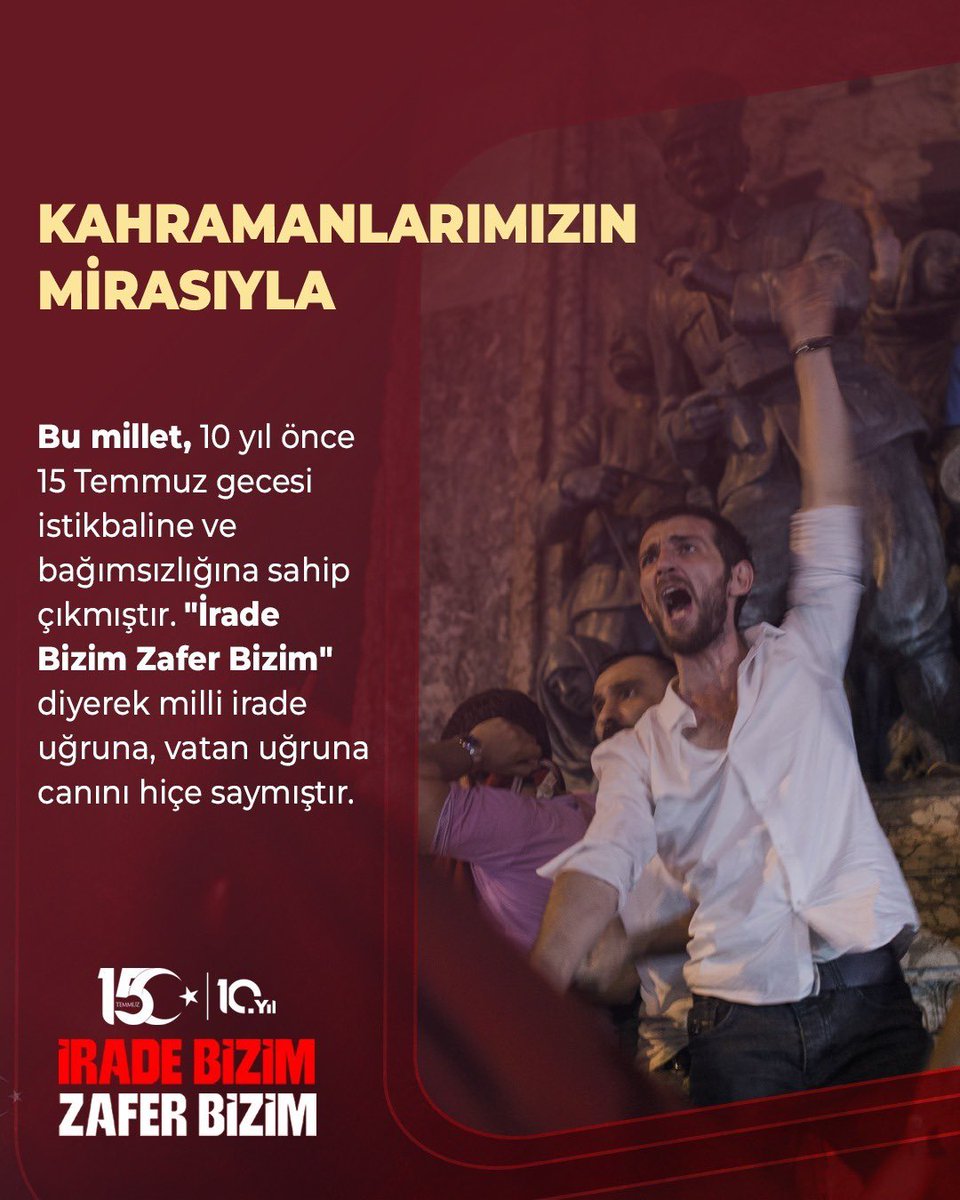 AcilanErol's tweet photo. Bu millet, 10 yıl önce 15 Temmuz gecesi istikbaline ve bağımsızlığına sahip çıkmıştır. "İrade Bizim Zafer Bizim" diyerek milli irade uğruna, vatan uğruna canını hiçe saymıştır.

Kahramanlarımızın mirasıyla #ZaferBizim! https://t.co/hoIXcPMSjq