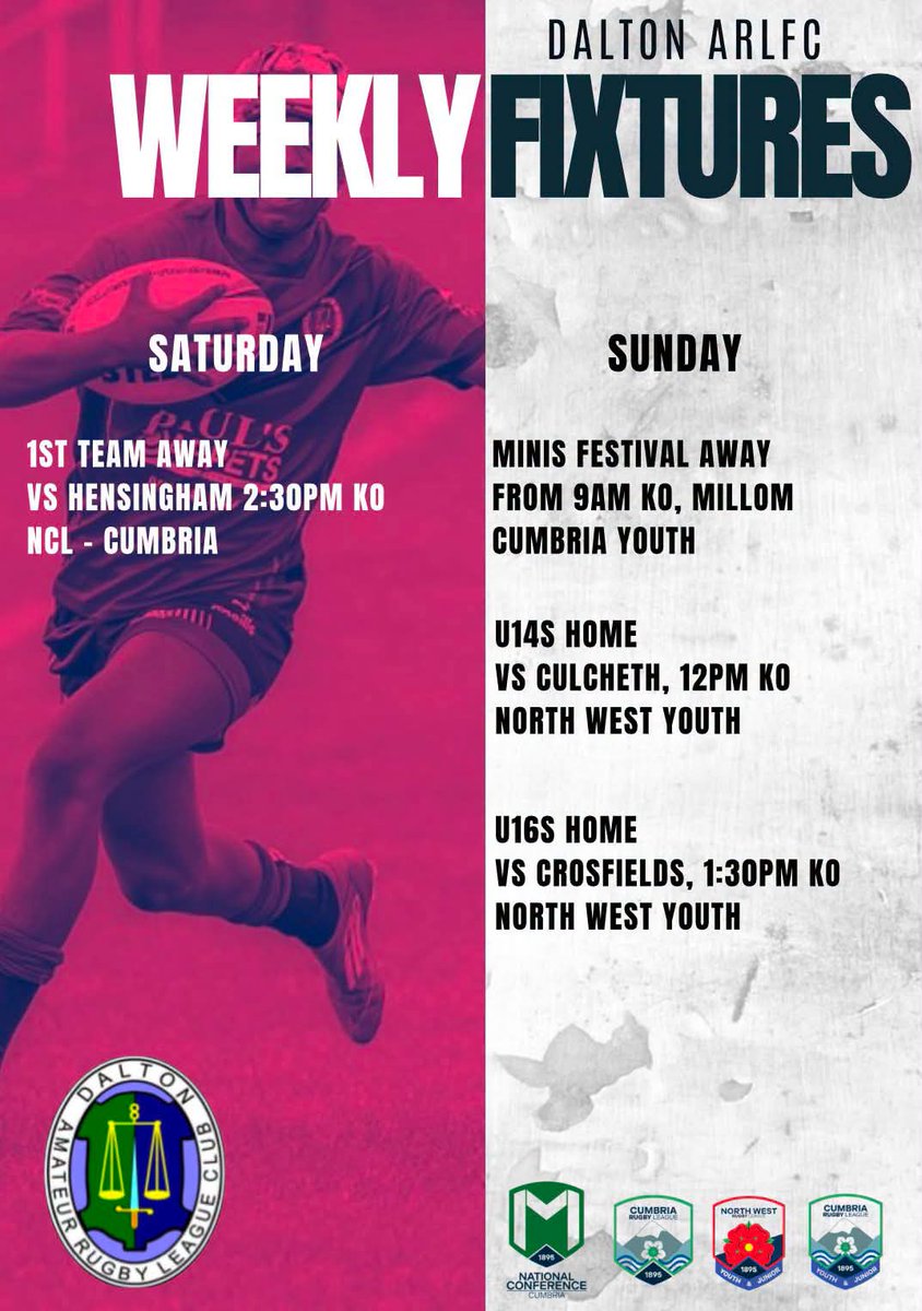 DaltonRugby's tweet photo. Weekly fixtures 👇🐉🏉🔴⚫️
🔴 1st team @hensingham_arl
⚫ A team No game
🔴 U16s @CrosfieldsRugby
⚫ U14s @CulchethEagles
🔴 U12s No game
Minis Festival @MillomRLFC1873
@bbccumbriasport
@BarrowandDis_RL @13proamrl 
@NWYouthRL @WandFCouncil 
@TheRFL @Six_Again https://t.co/2buwhTNbfc