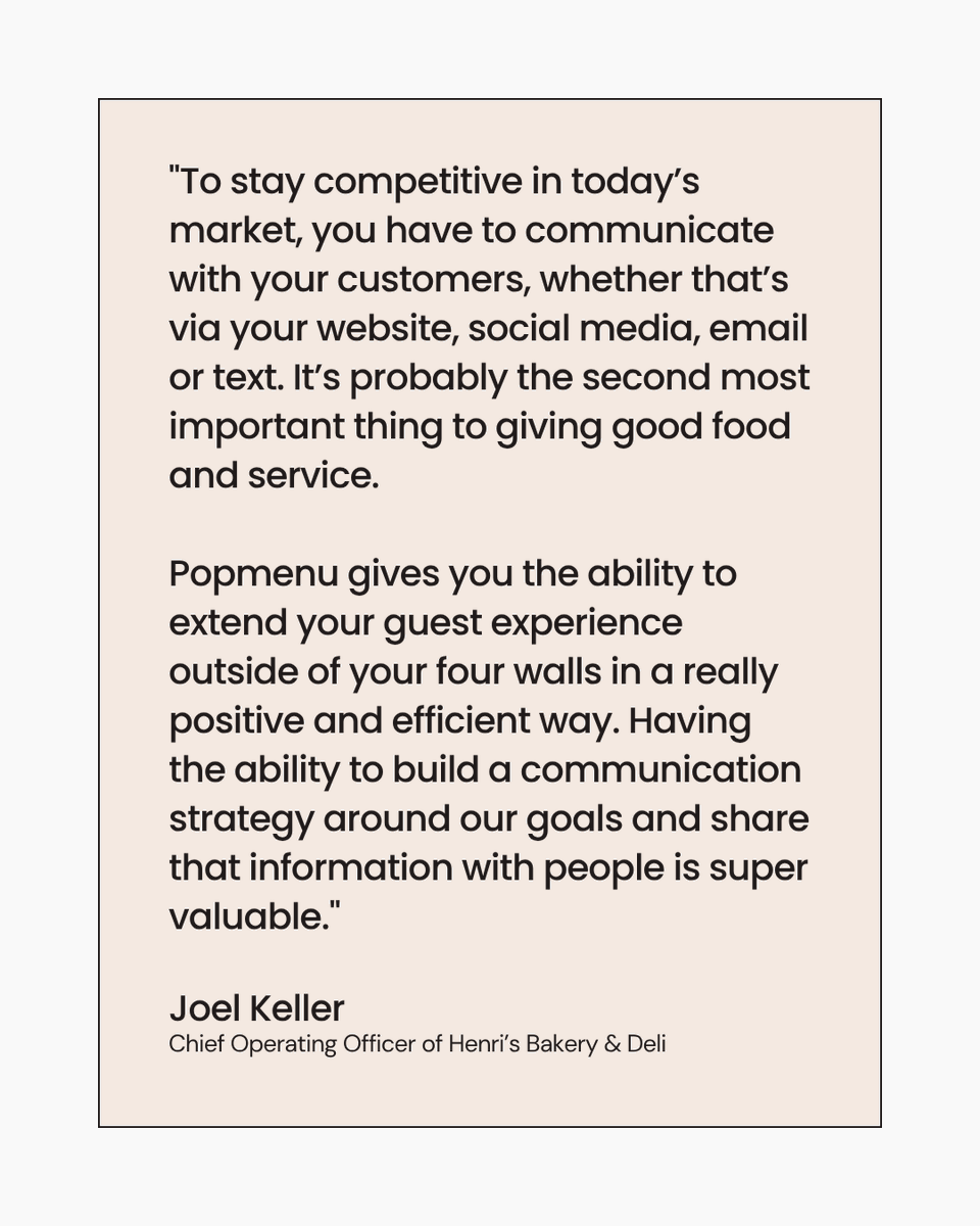 GetPopmenu's tweet photo. Here's how Joel Keller, COO of Henri's Bakery &amp; Deli, thinks about staying connected with guests, and it's a big part of how they've kept their edge in a competitive industry.

Read the full story to learn more: https://t.co/TVYptbwYin https://t.co/WWTenNNqQY