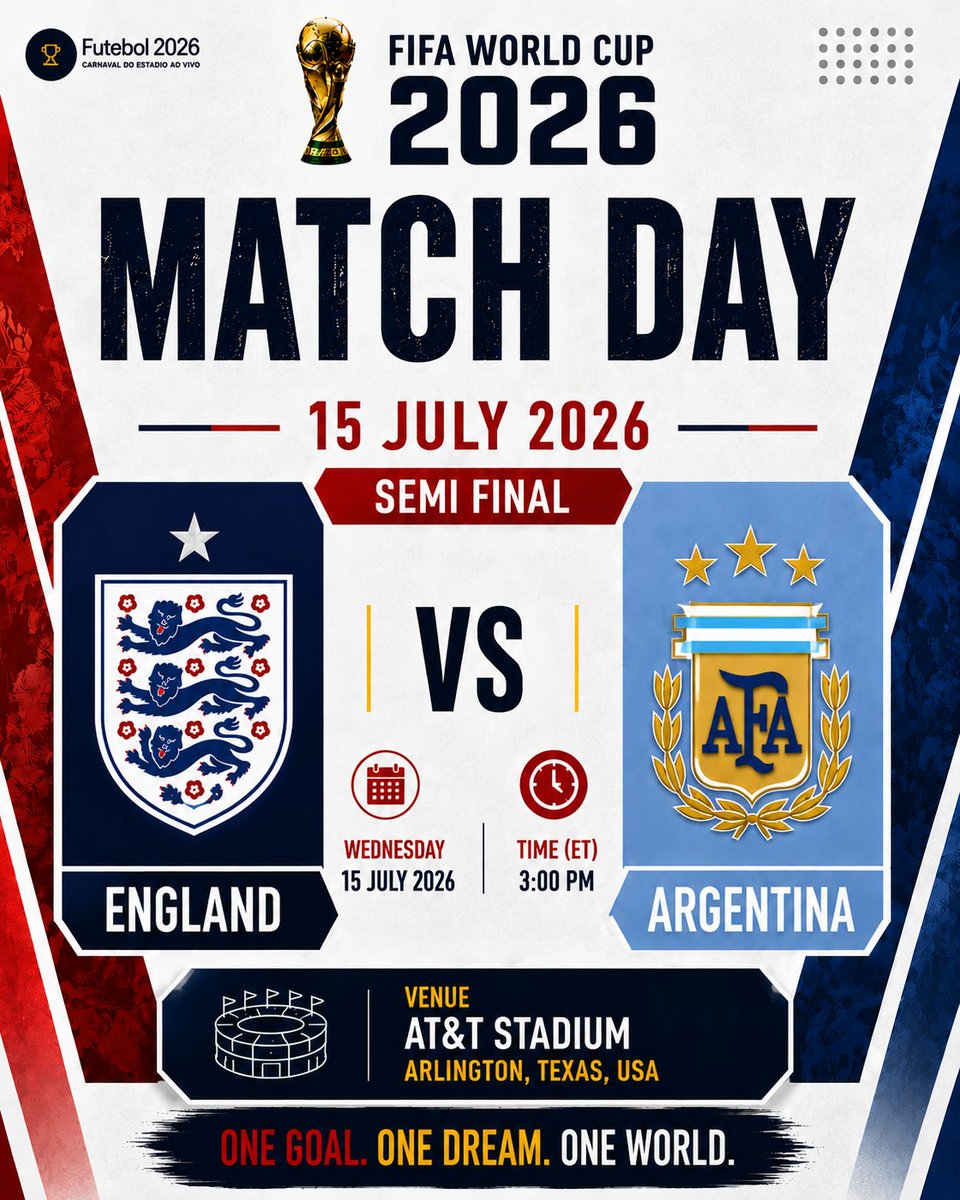 torcidanet's tweet photo. History calls at AT&amp;T Stadium 🏆 England vs Argentina. Semi-Final. One goal. One dream. One world.

#FIFAWorldCup2026 #ENGvARG #WorldCupSemiFinal #EnglandVsArgentina #RoadToTheFinal #ATandTStadium #Texas2026 #MatchDay #FootballIsComingHome #VamosArgentina https://t.co/BXuko6r6Og