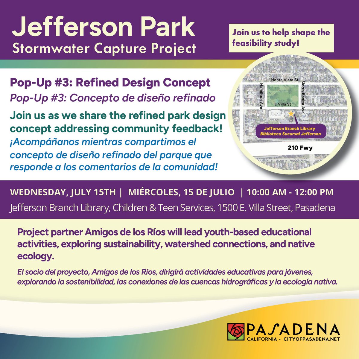 PasadenaGov's tweet photo. The City of Pasadena Public Works Department will be hosting the fourth and final public outreach event for the Jefferson Park Stormwater Capture Project Feasibility Study. The City invites the community to join the project team for a fourth pop-up event on Wednesday, July 15, from 10 a.m. – 12 p.m. at the Jefferson Branch Library, Children and Teen Services, 1500 E. Villa Street. Community members are invited to view the refined above-ground park design that addresses community feedback, as well as to share input and connect with the project team.

For more information on the Jefferson Park Stormwater Capture Project Feasibility Study and upcoming outreach opportunities, please visit https://t.co/4YanFZD3sS or contact the Stormwater Program Administrator at SWAdministrator@cityofpasadena.net.

View the full press release at https://t.co/QZped0KhVX
